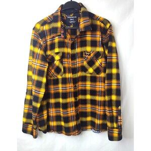Middle Of Beyond "Godzilla / Mothra" Shirt Mens XL Orange Black Plaid Flannel